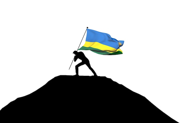 Rwanda flag being pushed into mountain top by a male silhouette 3D Rendering