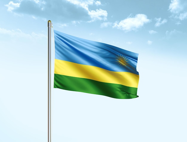 Rwanda national flag waving in blue sky with clouds Rwanda flag 3D illustration