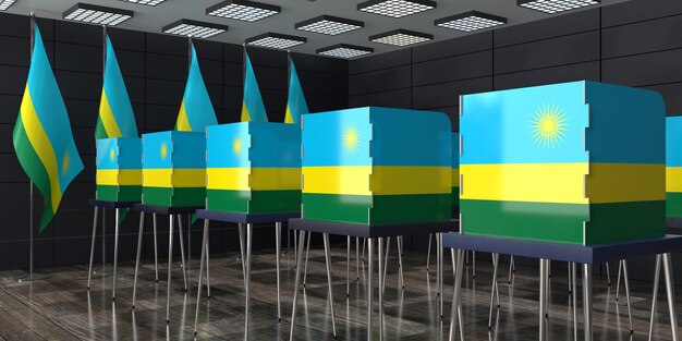 Foto cabine elettorali del rwanda e bandiere nazionali nel concetto elettorale del collegio elettorale illustrazione 3d