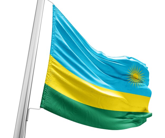 Rwanda waving flag with mast on white background with cutout path