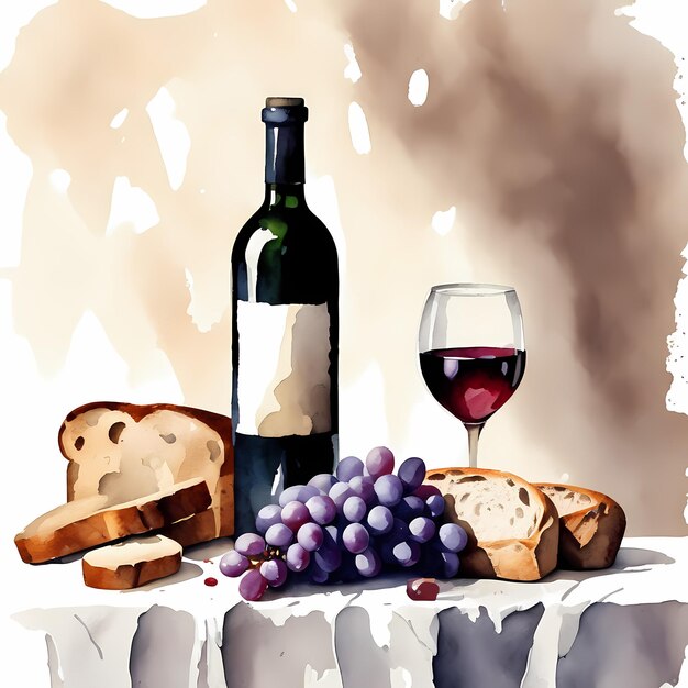 Photo rye bread and a bottle of wine watercolor hand painted illustration