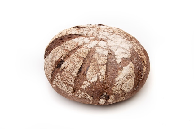 Rye bread round loaf on a white background.