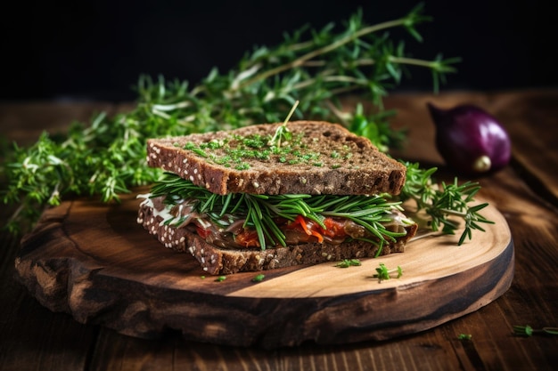 Rye bread sandwich with savory herbs on a rustic table