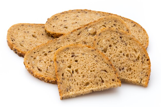 Rye bread slice isolated on white surface.