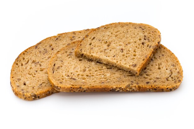 Rye bread slice isolated on white surface.