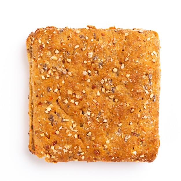 Rye bread slice on a white background.  Flat lay.