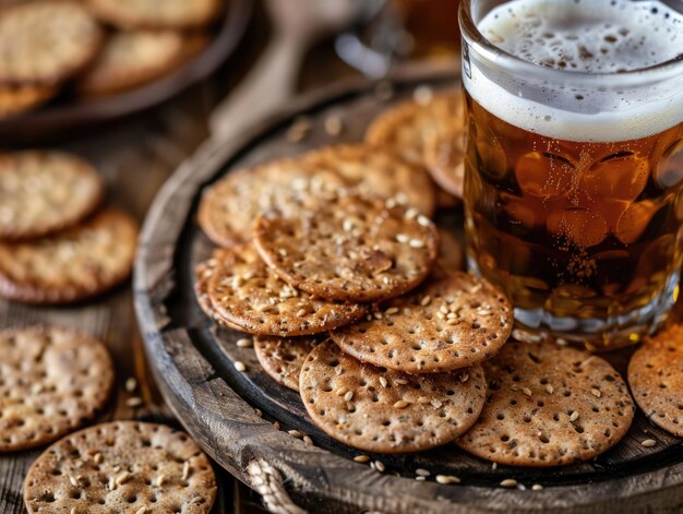 Rye crackers met bier op een houten ronde dienblad close-up AI generatieve