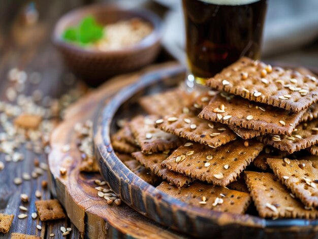Rye crackers with beer on a wooden round tray closeup AI generative