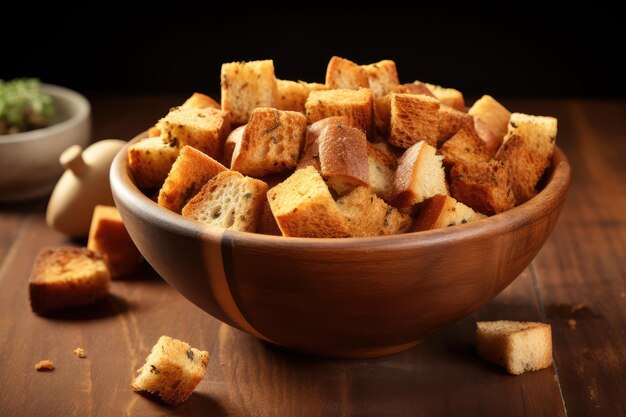 Rye croutons in houten schaal geïsoleerd zelfgemaakt bruin brood rusks knapperige broodblokjes stapel