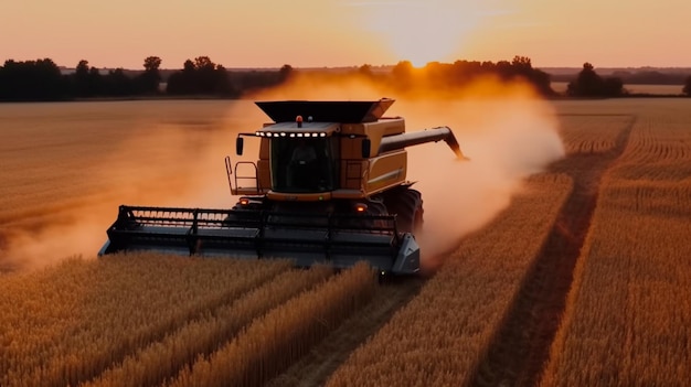 Rye Field Harvesting at Sunrise Combine Harvester in Action Generative AI