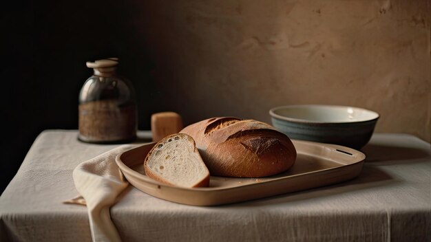 Rye round bread plate served table room