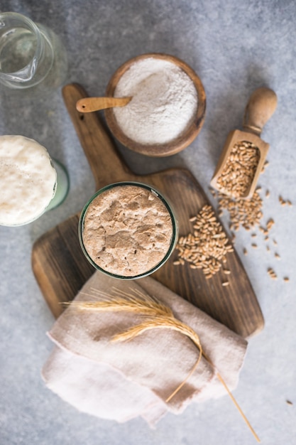 The rye and wheat leaven for bread is active Starter sourdough  fermented mixture of water and flour to use as leaven for bread baking The concept of a healthy die