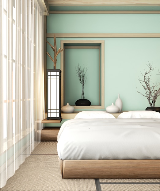 Ryokan lichtblauwe slaapkamer zeer Japanse stijl met tatamimatten en decoratie. 3D-weergave