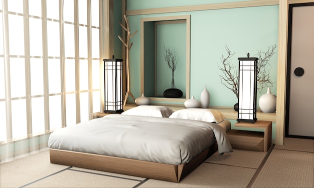 Ryokan light blue bed room very japanese style with tatami mat floor and decoration. 3D rendering