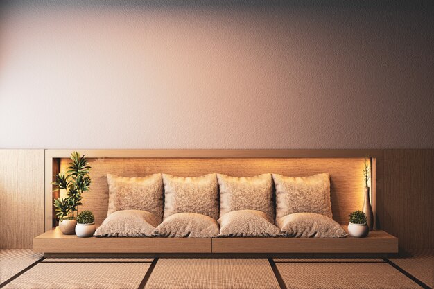 Interno della camera ryokan con divano in legno su design a parete a luce nascosta. rendering 3d