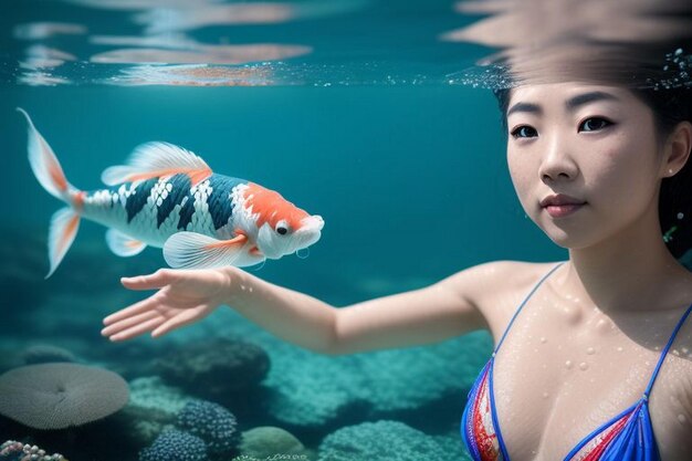 Photo ryukin goldfish breathing at waters surface