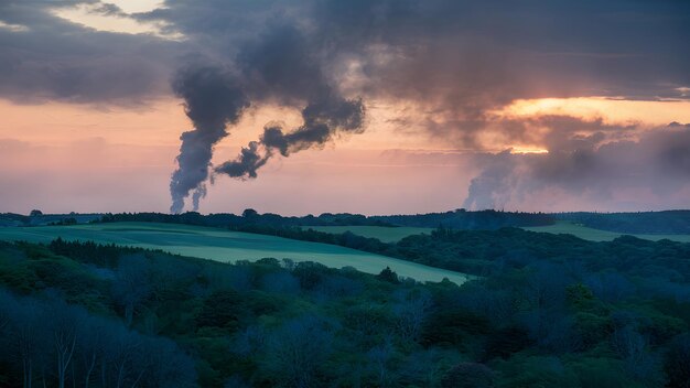 's Avonds bewolkte boshemel met rook over het landschap