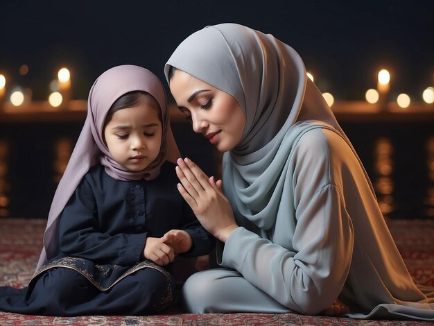 Foto 's avonds bidden moeder en dochter in de hijab.