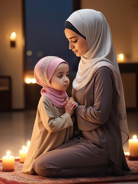 's Avonds bidden moeder en dochter in de hijab.