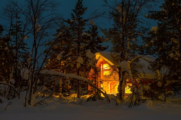 'S avonds winter bos. Takken bedekt met grote sneeuwkappen. Verlichte cottage op de achtergrond