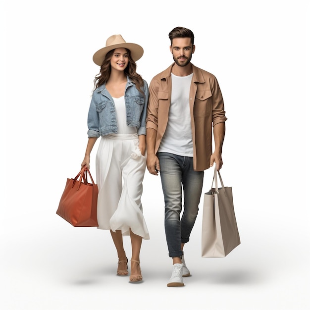 S Man And Woman Walking With Shopping Bags And Hats