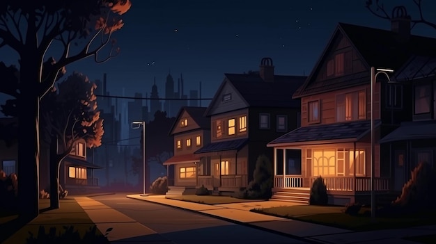 's Nachts een landschap van een lege straat in de voorsteden met een huis Achtergrond van een buurtwoning Generatieve AI