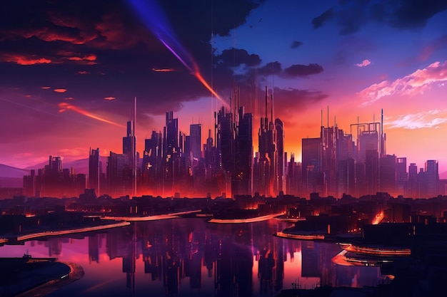 'S Nachts Futuristische skyline van de stad in synthwave-stijl Mooie illustratie foto Generatieve AI