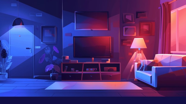 's Nachts woonkamer interieur met tv en bank leeg huis ontwerp met meubels en decor cartoon moderne illustratie