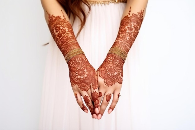 Foto s dipinto con tatuaggio mehndi belle mani femminili con tatuaggio di henné su sfondo bianco