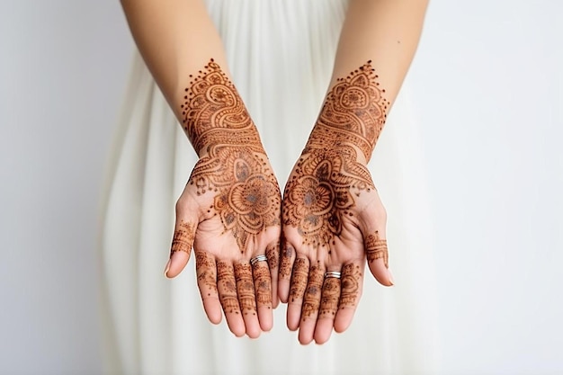 Foto s dipinto con tatuaggio mehndi belle mani femminili con tatuaggio di henné su sfondo bianco