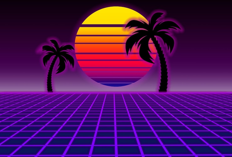 Photo s style scifi purple background with sunset and palms futuristic illustration or poster template syn