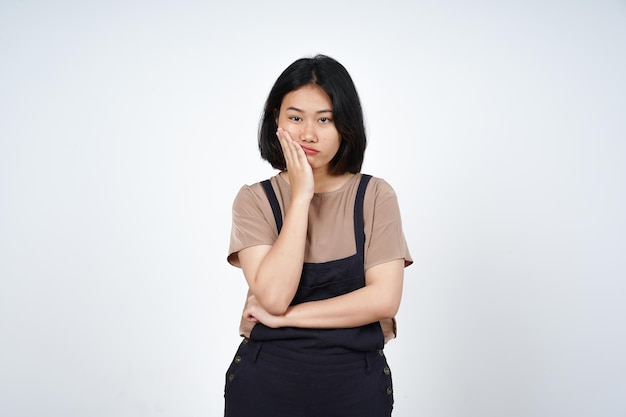 Saai gebaar van mooie Aziatische vrouw geïsoleerd op een witte achtergrond