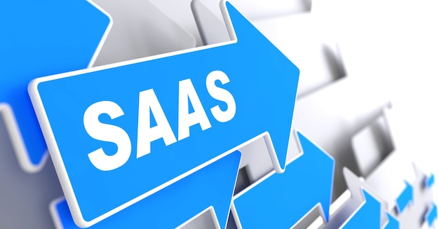 Saas。情報技術の概念。 「saas」をスローガンにした青い矢印。 3dレンダリング。