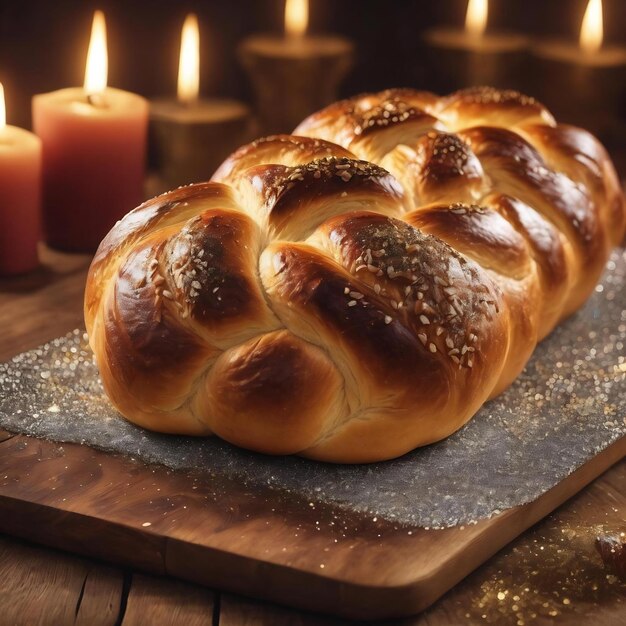 Foto immagine di sabato challah candele di pane su tavolo di legno sovrapposizione di luccioli