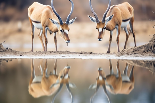 Foto sable antilopen bij een waterput met reflectie