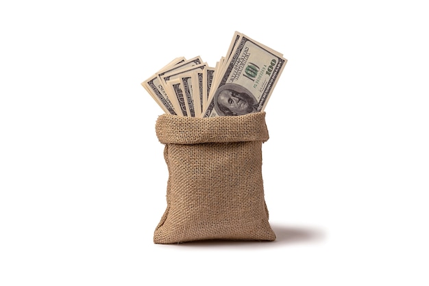 A sack of burlap with dollars stands on a white background. Investment and finance.