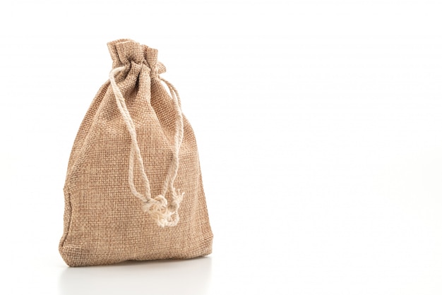 Sack fabric bag on white surface