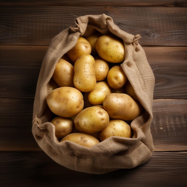 Sack of fresh raw potatoes on wooden background top view