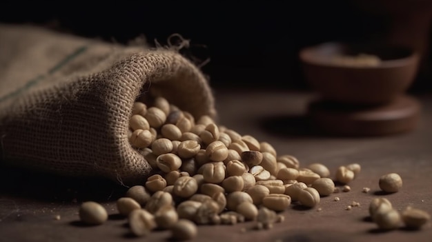 A sack gunny of dried coffee beans studio shot good for product and marketing with some copy space or for background and backdrop Close up macro product and studio shot