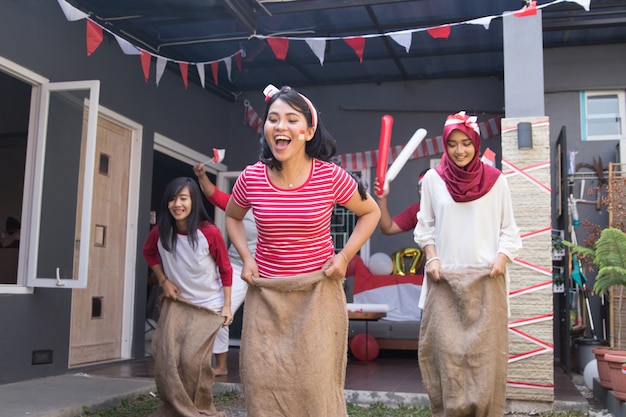 Photo sack race during indonesia independence day