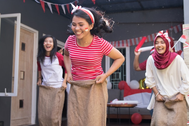 Photo sack race during indonesia independence day