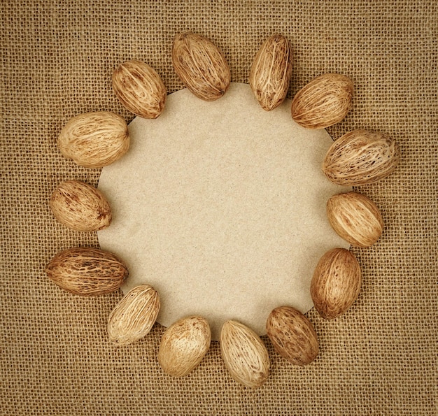 Sack vintage background with walnut kernels dried seeds props