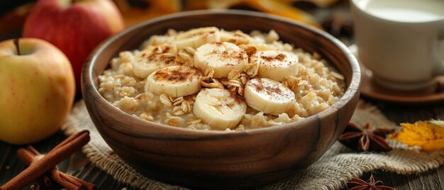 Sackcloth covered with oatmeal and milk with banana apple and cinnamon