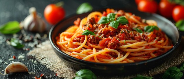 Sackcloth covered with spaghetti bolognese mint garlic and tomato juice