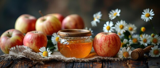 Photo the sackcloth is adorned with daisies apples and a bowl with honey