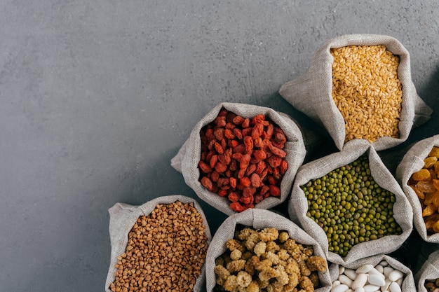 Sacks with red goji, buckwheat, Jerusalem pea, mulberry