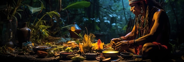 Foto sacra cerimonia dell'ayahuasca riti sciamanistici nella foresta pluviale catturando la spiritualità e la cultura indigena