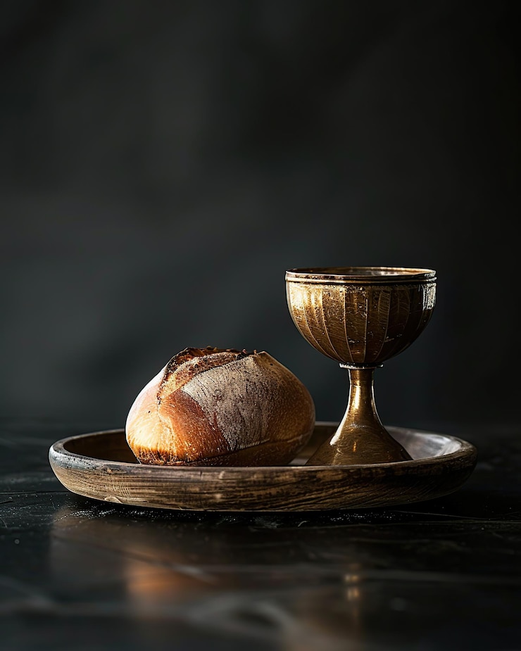 Photo sacred bread and chalice on dark background religion concept