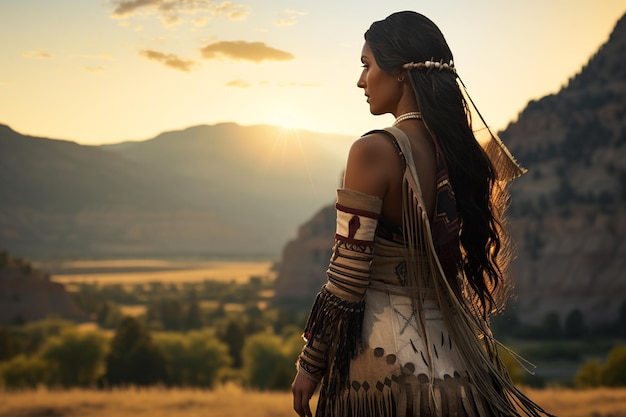 산 위엄을 응시하는 레갈리아를 입은 신성한 연결 아메리카 원주민 여성