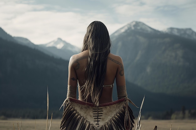 Sacred Connection Native American Woman in Regalia Gazing at Mountain Majesty